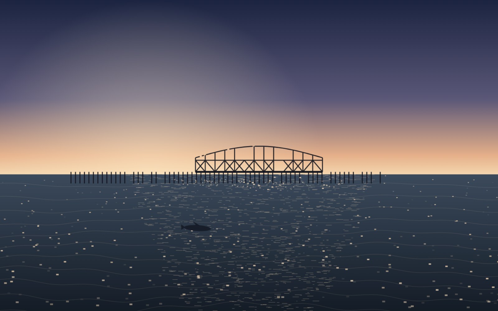 AI-made generative artwork: With the dolphins. A stylised, animated image of Brighton West Pier, not a photograph.