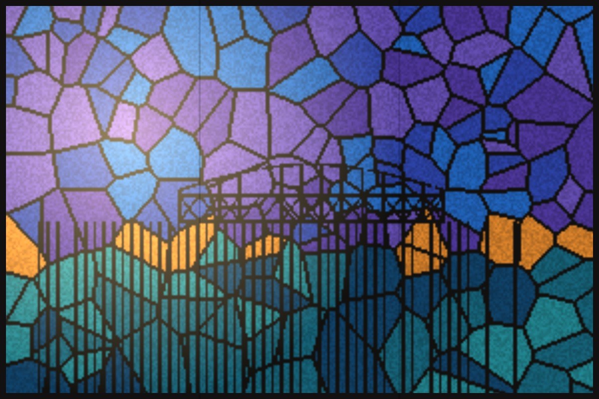 AI-made generative artwork: Stained glass, east window. A stylised, animated image of Brighton West Pier, not a photograph.
