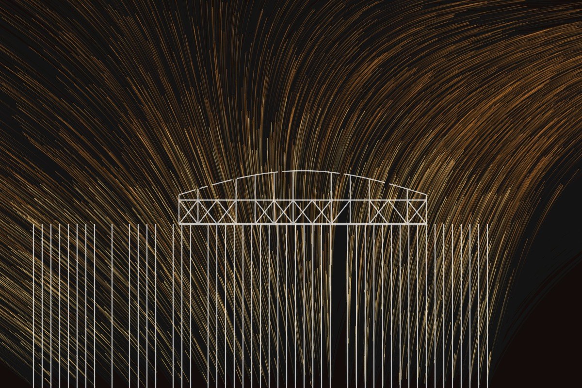 AI-made generative artwork: The pavilion, leaving by every exit. A stylised, animated image of Brighton West Pier, not a photograph.