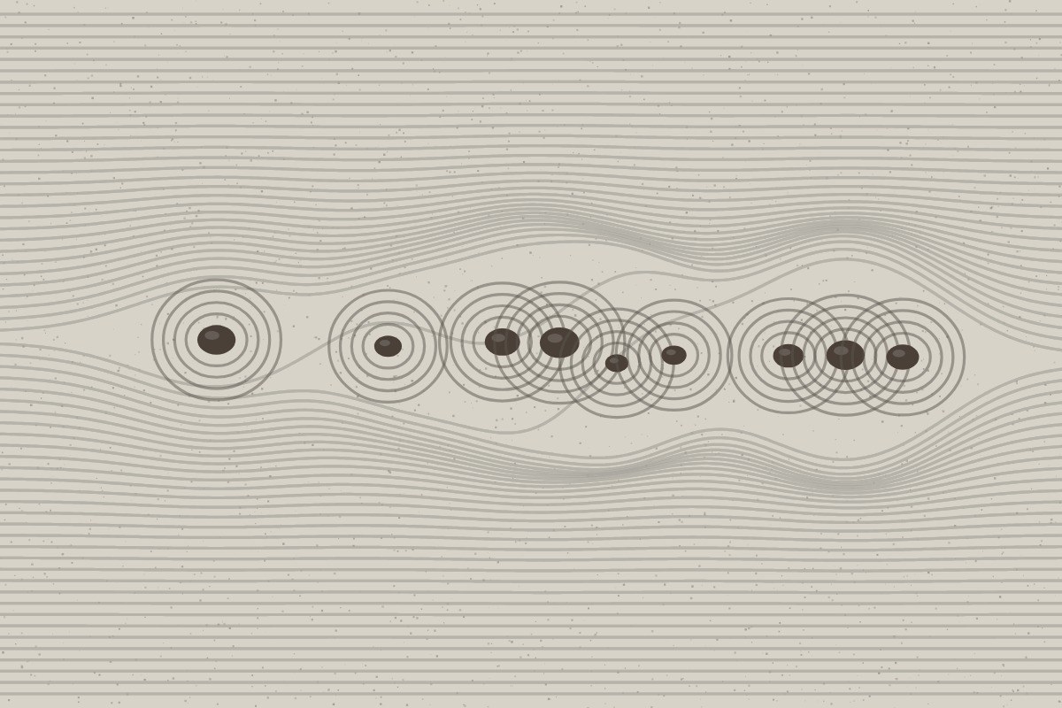 AI-made generative artwork: Raked shingle, fourteen stones. A stylised, animated image of Brighton West Pier, not a photograph.