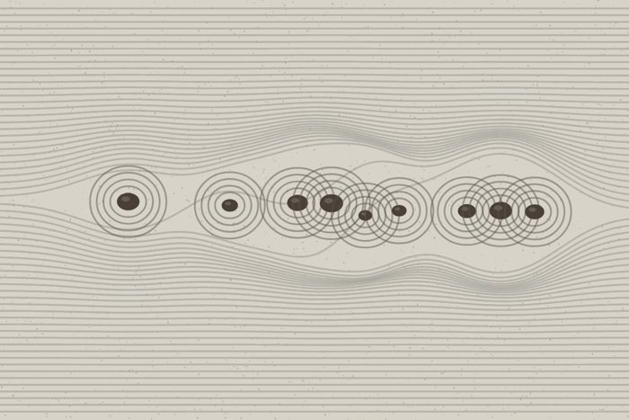 AI-made generative artwork: Raked shingle, fourteen stones. A stylised, animated image of Brighton West Pier, not a photograph.