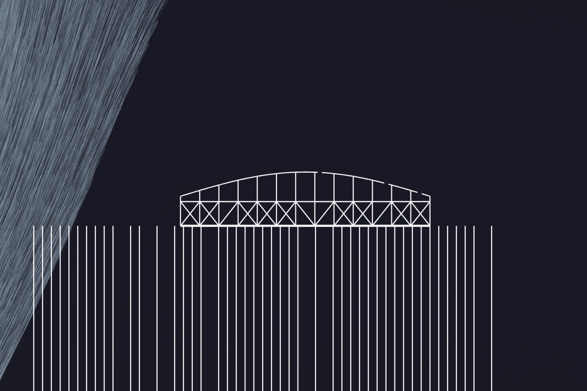AI-made generative artwork: Force ten, with railings. A stylised, animated image of Brighton West Pier, not a photograph.