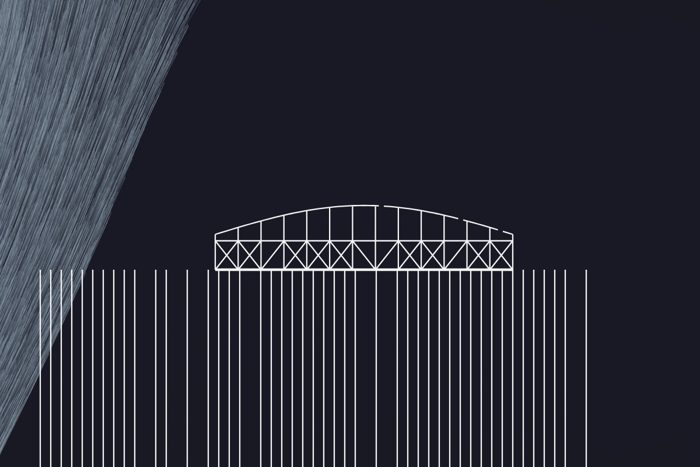 AI-made generative artwork: Force ten, with railings. A stylised, animated image of Brighton West Pier, not a photograph.