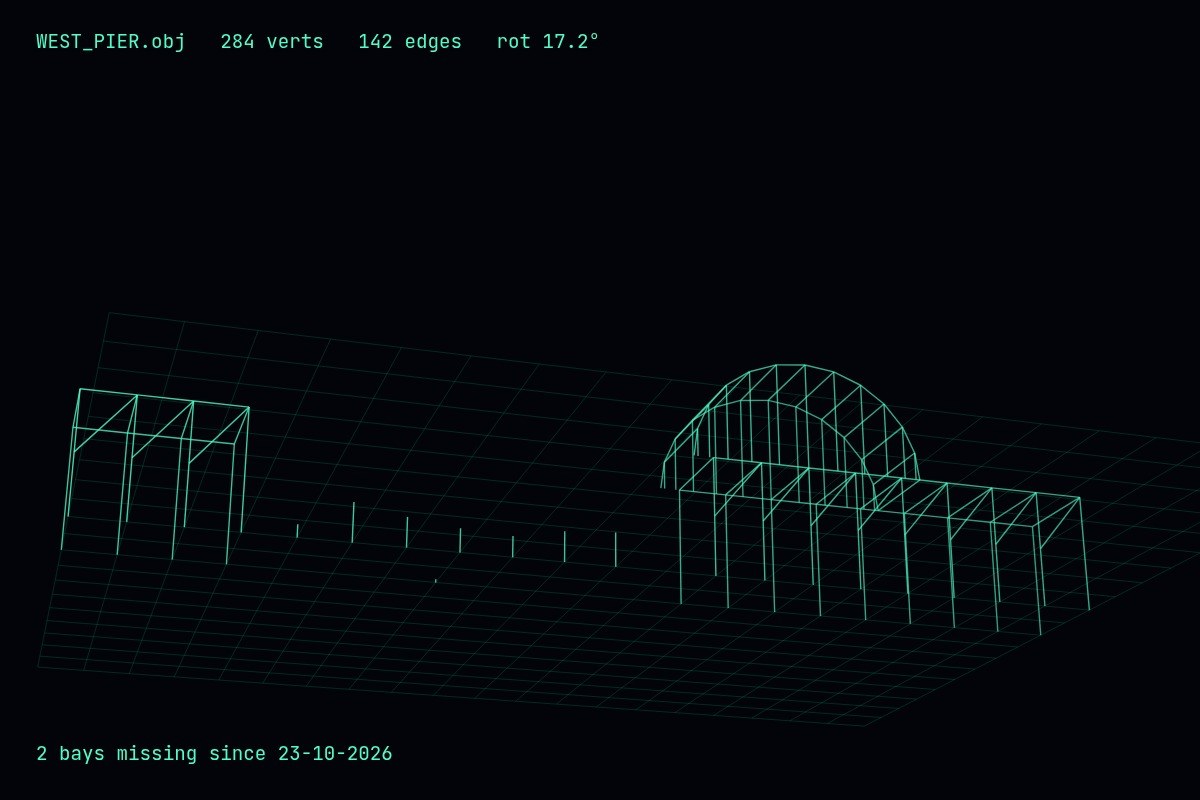 AI-made generative artwork: WEST_PIER.obj. A stylised, animated image of Brighton West Pier, not a photograph.