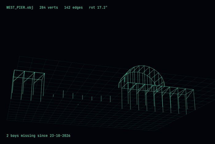 AI-made generative artwork: WEST_PIER.obj. A stylised, animated image of Brighton West Pier, not a photograph.