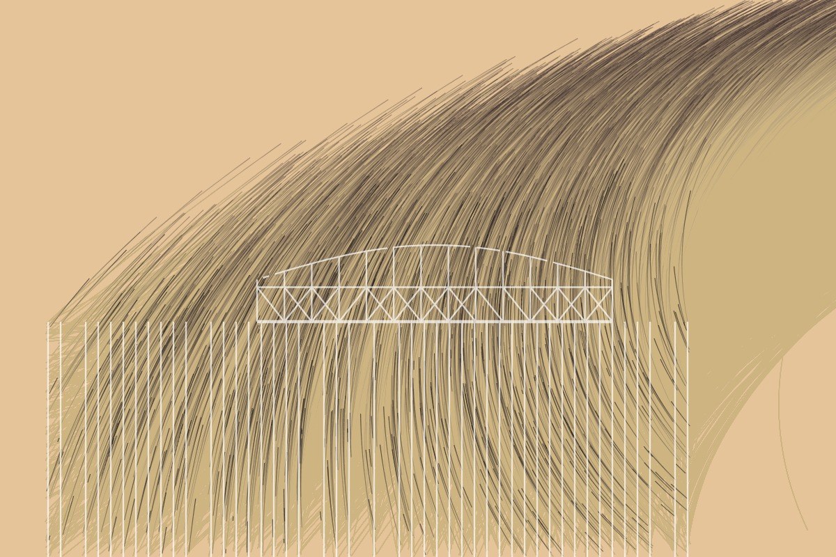 AI-made generative artwork: Every rivet becomes a starling. A stylised, animated image of Brighton West Pier, not a photograph.