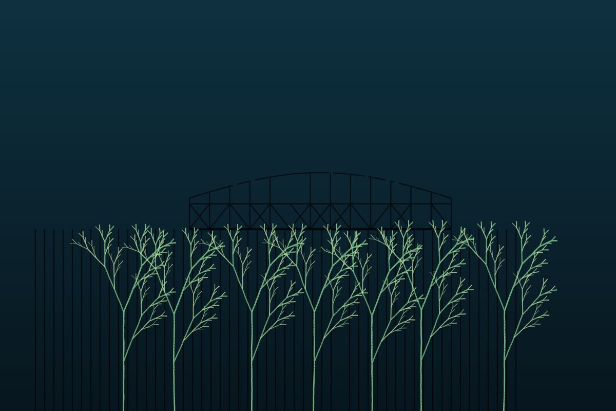 AI-made generative artwork: Kelp forest, planted 1866. A stylised, animated image of Brighton West Pier, not a photograph.