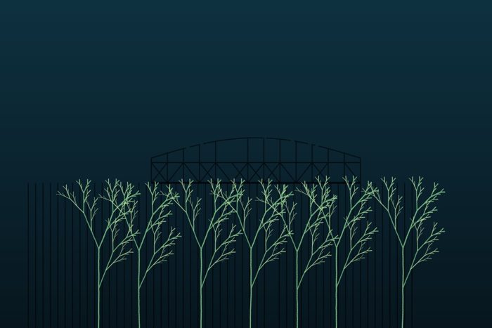AI-made generative artwork: Kelp forest, planted 1866. A stylised, animated image of Brighton West Pier, not a photograph.