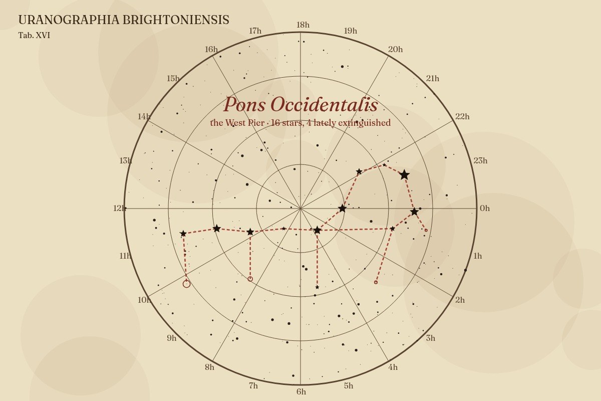 AI-made generative artwork: Pons Occidentalis (a constellation). A stylised, animated image of Brighton West Pier, not a photograph.