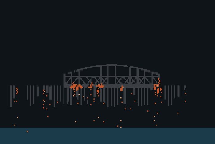 AI-made generative artwork: Rust, as a rule. A stylised, animated image of Brighton West Pier, not a photograph.