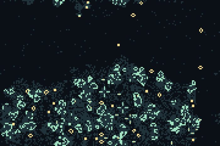 AI-made generative artwork: The Game of Life, played on the pier. A stylised, animated image of Brighton West Pier, not a photograph.