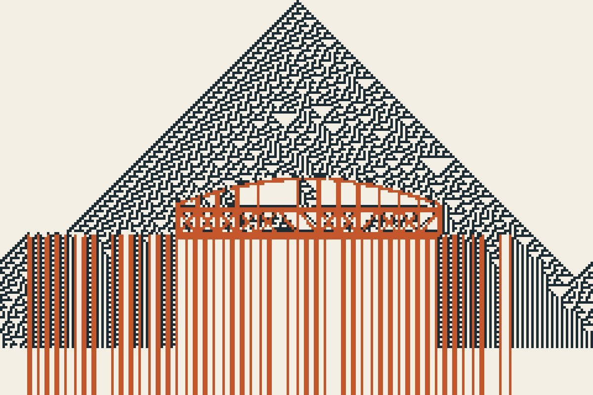AI-made generative artwork: Rule 30, bent by iron. A stylised, animated image of Brighton West Pier, not a photograph.