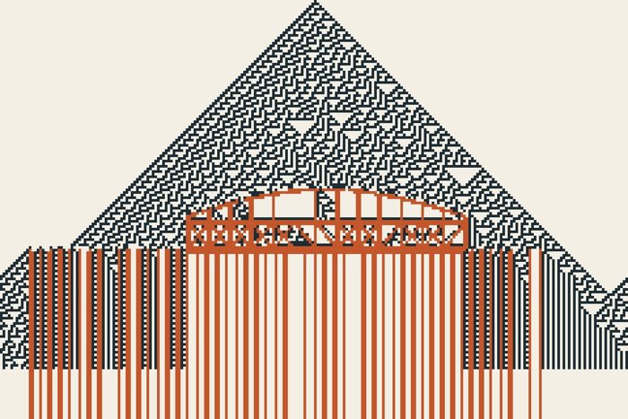 AI-made generative artwork: Rule 30, bent by iron. A stylised, animated image of Brighton West Pier, not a photograph.