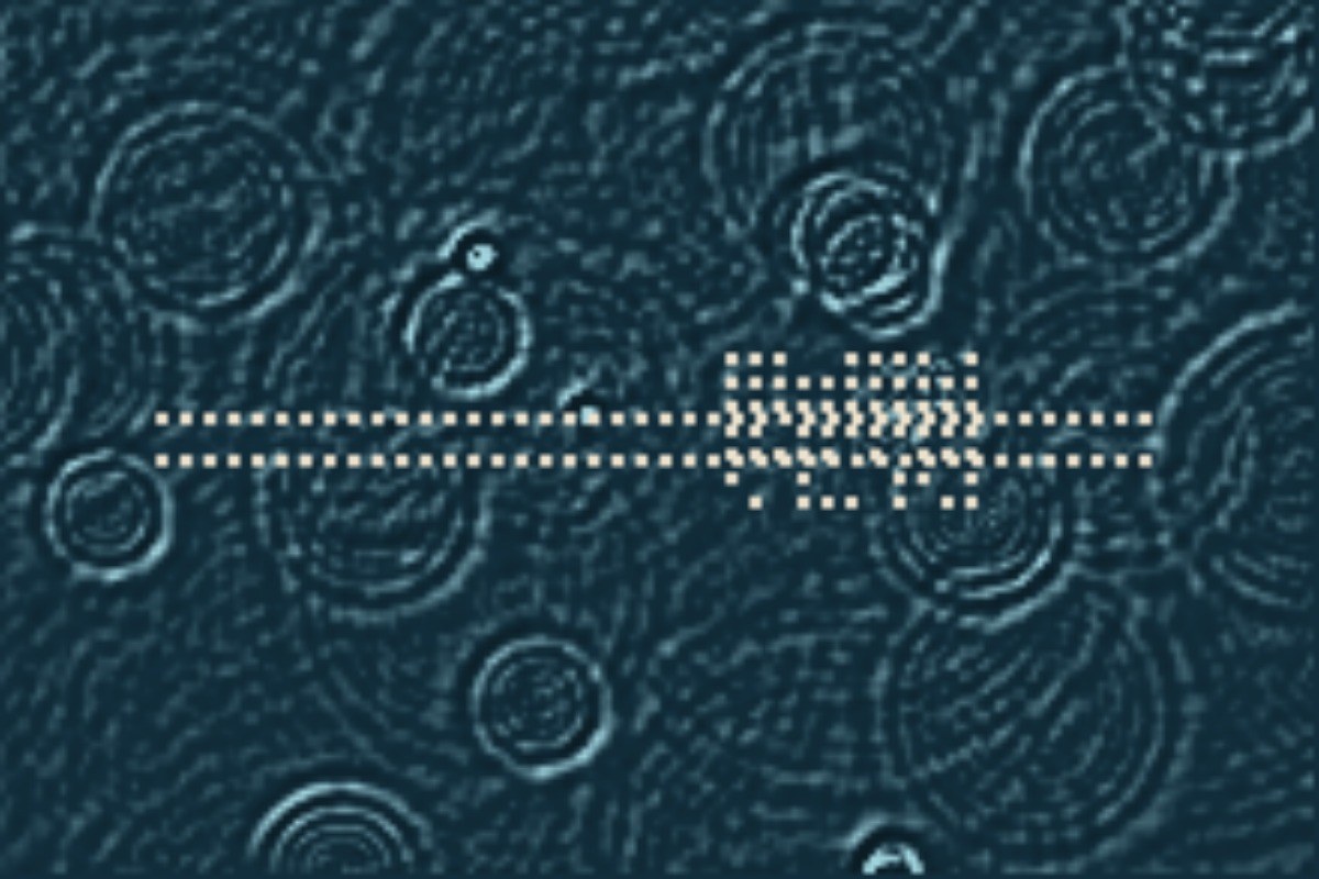 AI-made generative artwork: Rain on the remains, from above. A stylised, animated image of Brighton West Pier, not a photograph.