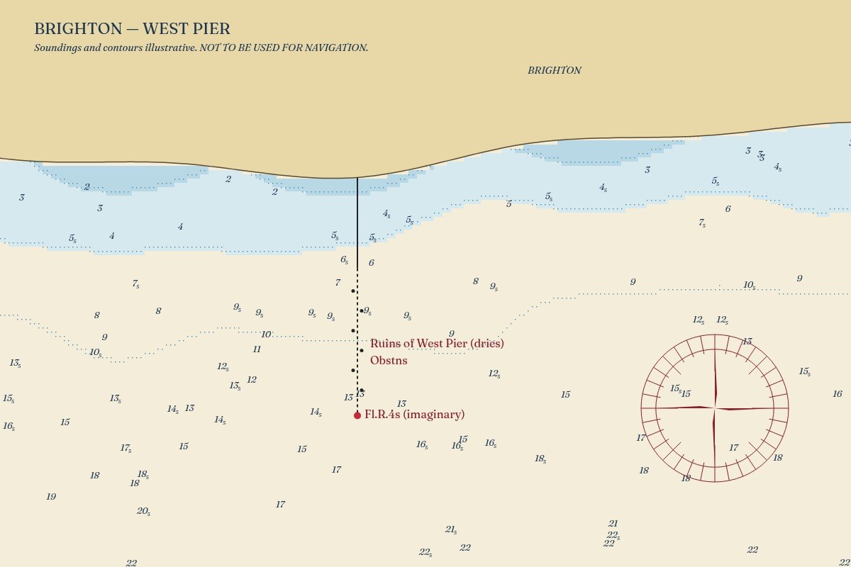 AI-made generative artwork: Chart, not for navigation. A stylised, animated image of Brighton West Pier, not a photograph.