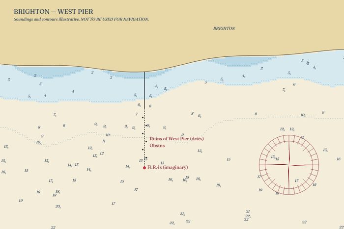 AI-made generative artwork: Chart, not for navigation. A stylised, animated image of Brighton West Pier, not a photograph.
