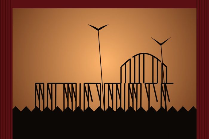 AI-made generative artwork: Shadow puppets, end of the pier show. A stylised, animated image of Brighton West Pier, not a photograph.