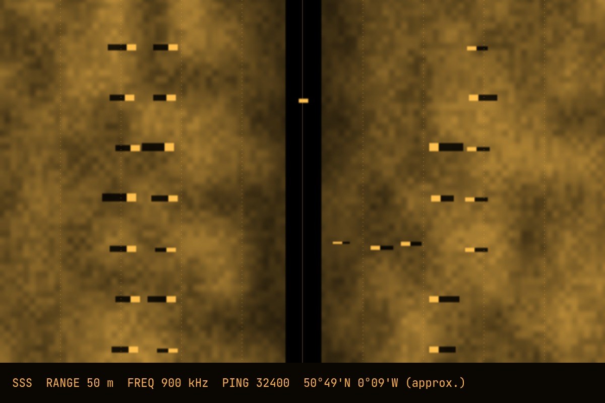AI-made generative artwork: Side-scan sonar, 900 kHz. A stylised, animated image of Brighton West Pier, not a photograph.