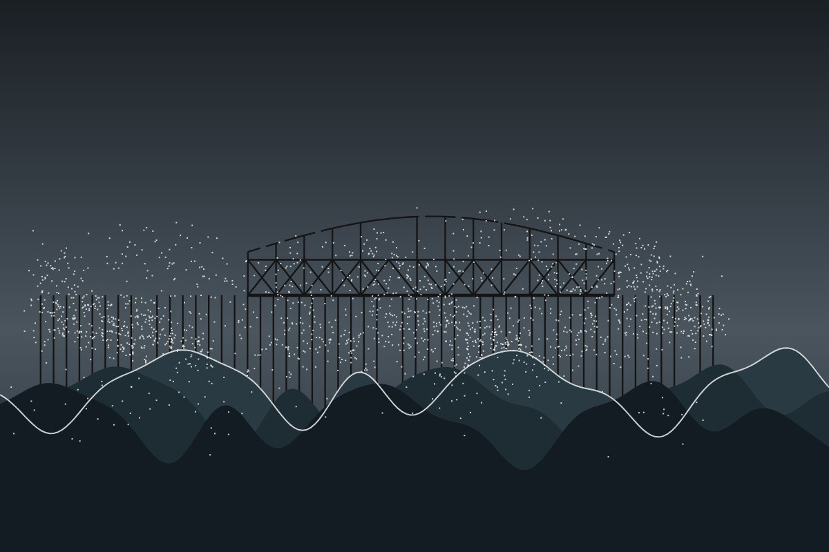 AI-made generative artwork: Storm Austen, at its worst moment. A stylised, animated image of Brighton West Pier, not a photograph.