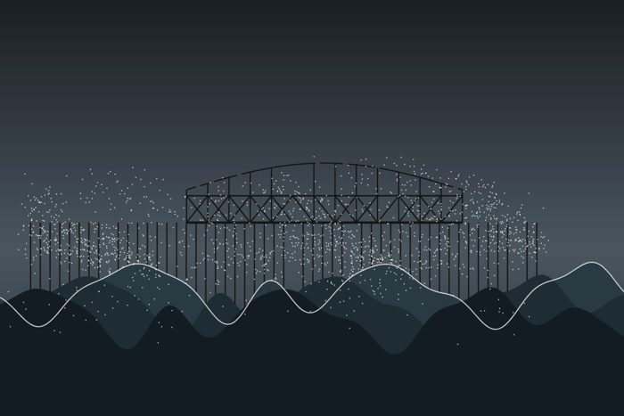 AI-made generative artwork: Storm Austen, at its worst moment. A stylised, animated image of Brighton West Pier, not a photograph.