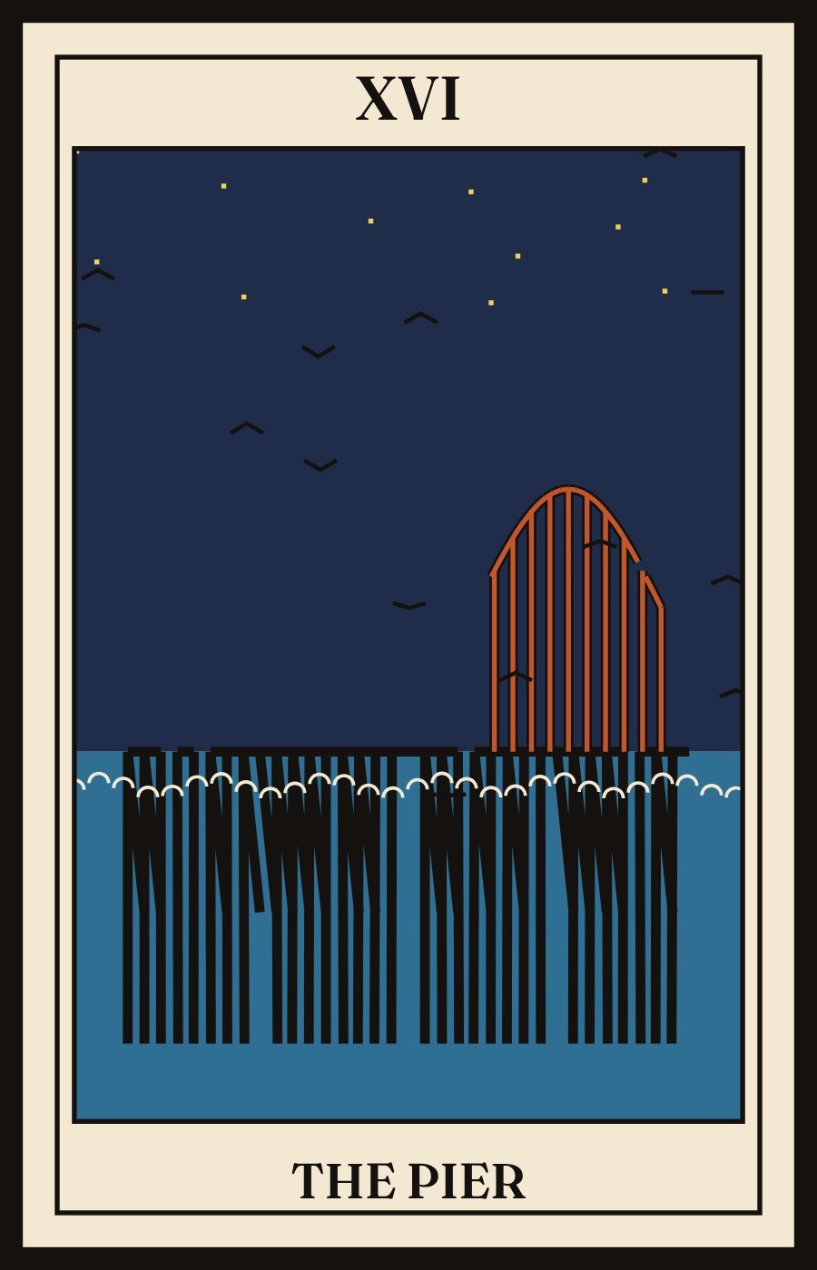 AI-made generative artwork: XVI The Pier. A stylised, animated image of Brighton West Pier, not a photograph.