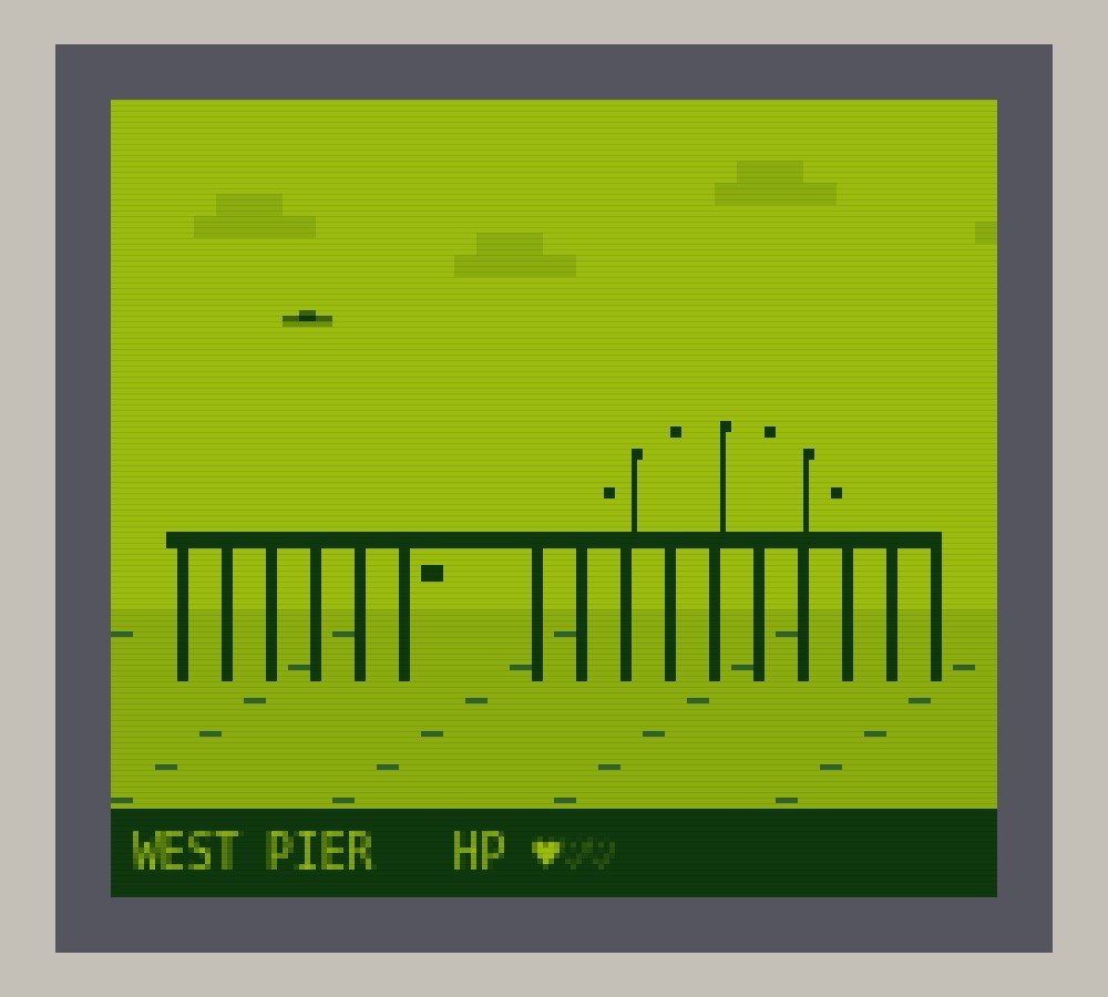 AI-made generative artwork: Handheld, four shades of green. A stylised, animated image of Brighton West Pier, not a photograph.