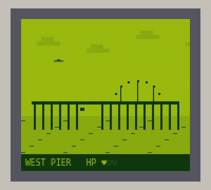 AI-made generative artwork: Handheld, four shades of green. A stylised, animated image of Brighton West Pier, not a photograph.