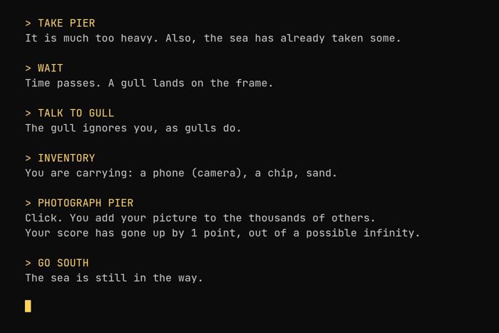 AI-made generative artwork: An interactive ruin (it plays itself). A stylised, animated image of Brighton West Pier, not a photograph.