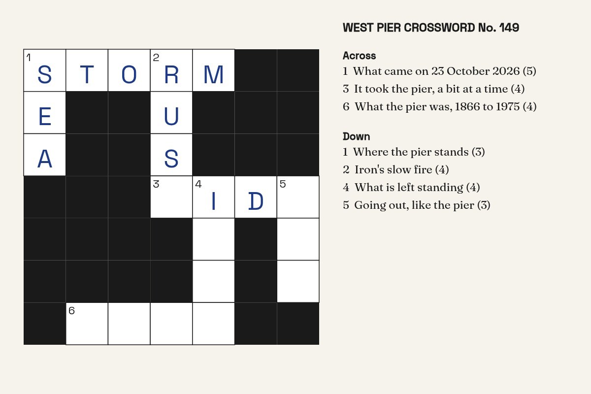 AI-made generative artwork: Crossword No. 149. A stylised, animated image of Brighton West Pier, not a photograph.