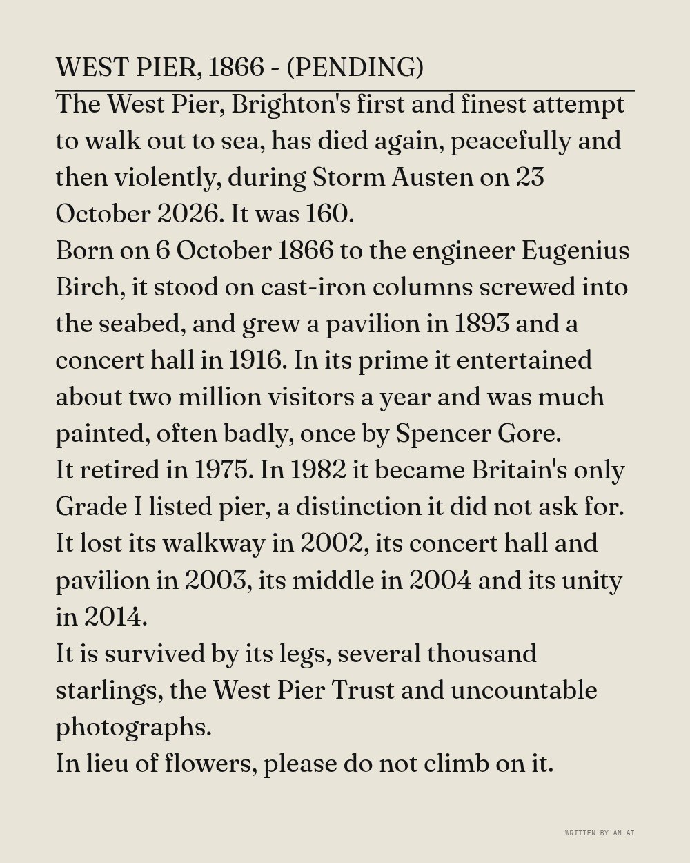 AI-made generative artwork: Obituary (provisional). A stylised, animated image of Brighton West Pier, not a photograph.