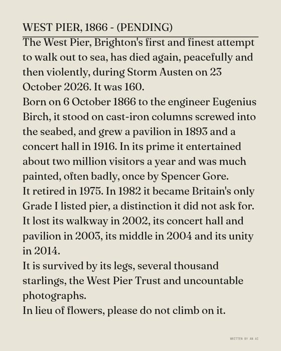 AI-made generative artwork: Obituary (provisional). A stylised, animated image of Brighton West Pier, not a photograph.