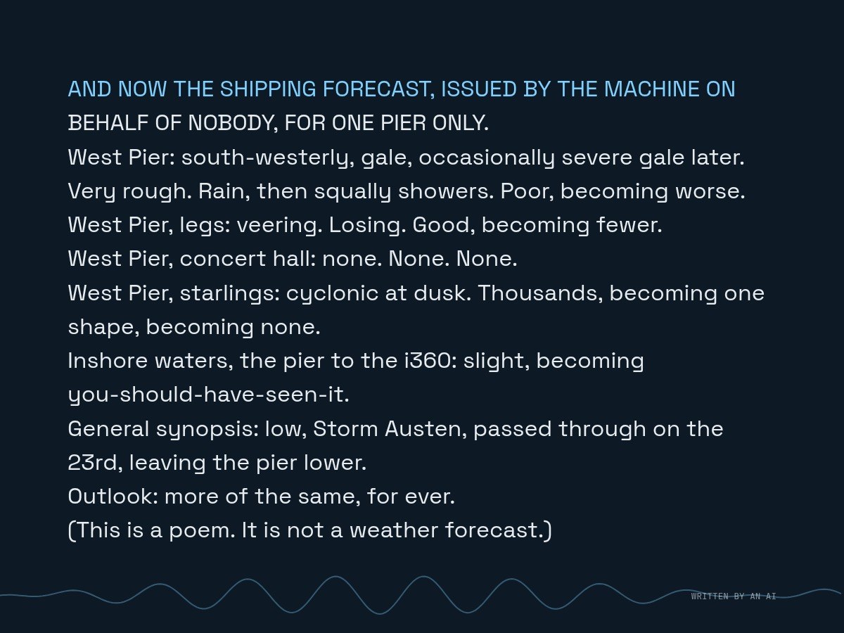 AI-made generative artwork: The shipping forecast, for one pier only. A stylised, animated image of Brighton West Pier, not a photograph.