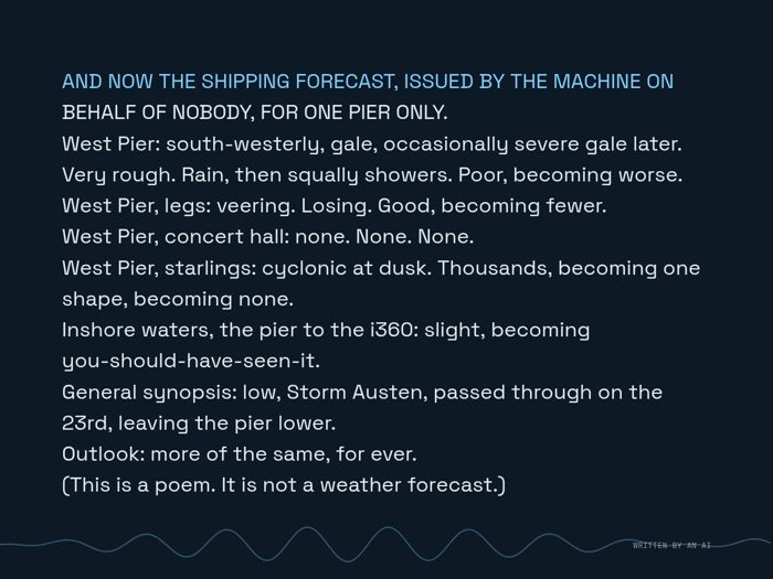 AI-made generative artwork: The shipping forecast, for one pier only. A stylised, animated image of Brighton West Pier, not a photograph.