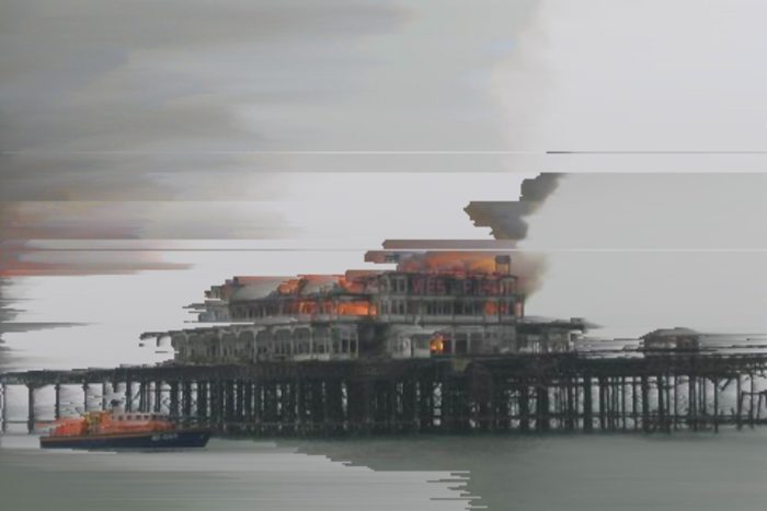 AI-made generative artwork: The fire, sorted by brightness. A stylised, animated image of Brighton West Pier, not a photograph.
