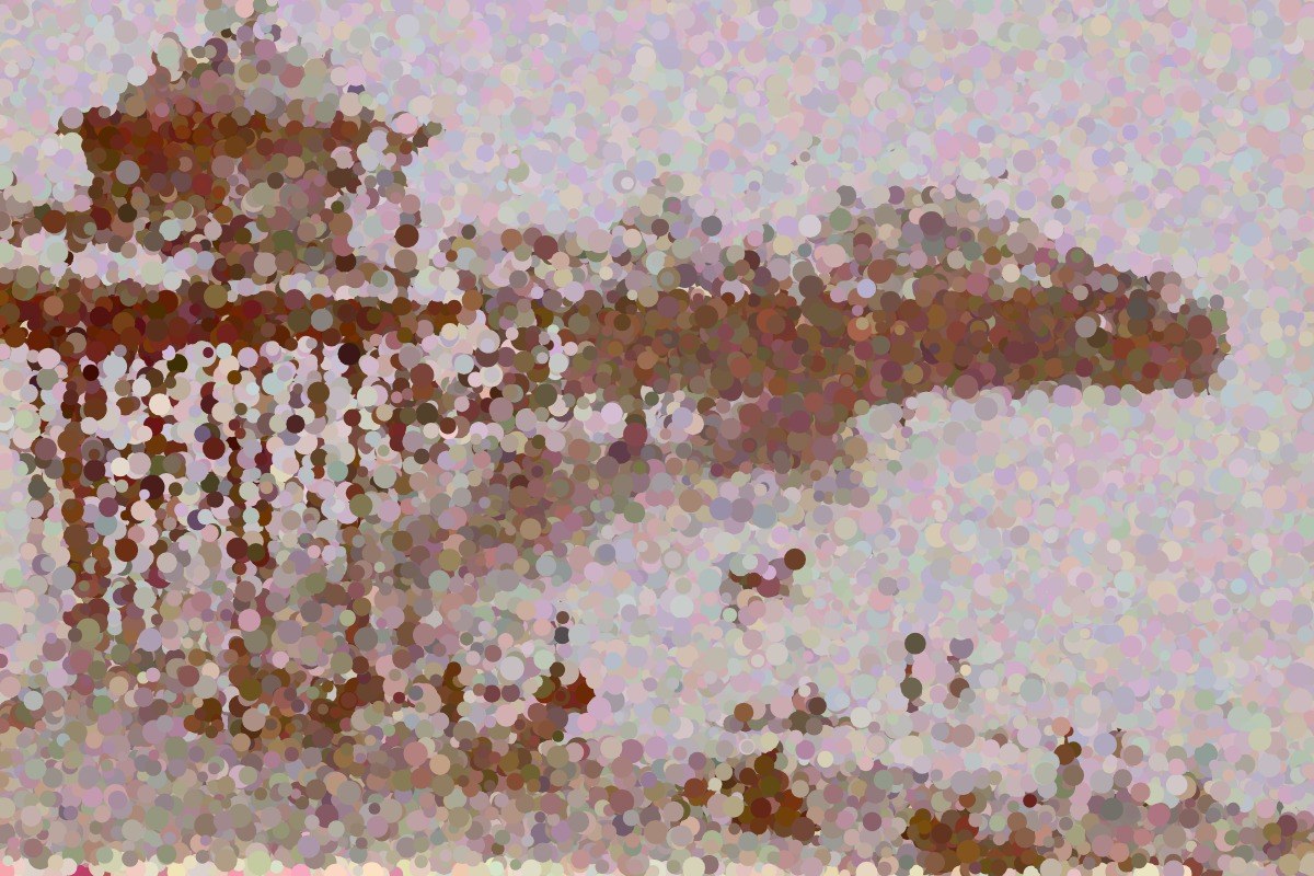 AI-made generative artwork: Vue de la jetée, dot by dot. A stylised, animated image of Brighton West Pier, not a photograph.