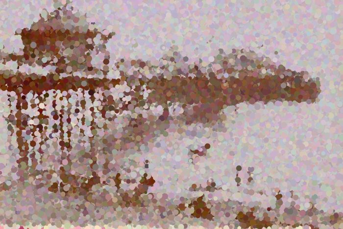 AI-made generative artwork: Vue de la jetée, dot by dot. A stylised, animated image of Brighton West Pier, not a photograph.