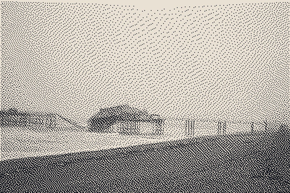 AI-made generative artwork: Collapsed concert hall, 1-bit. A stylised, animated image of Brighton West Pier, not a photograph.