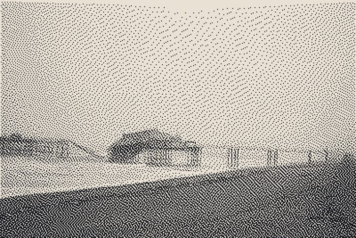 AI-made generative artwork: Collapsed concert hall, 1-bit. A stylised, animated image of Brighton West Pier, not a photograph.