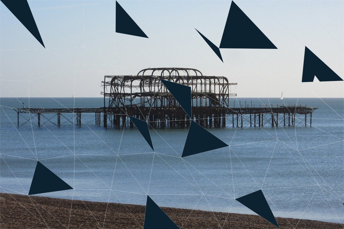 AI-made generative artwork: The 2017 remains, falling again. A stylised, animated image of Brighton West Pier, not a photograph.