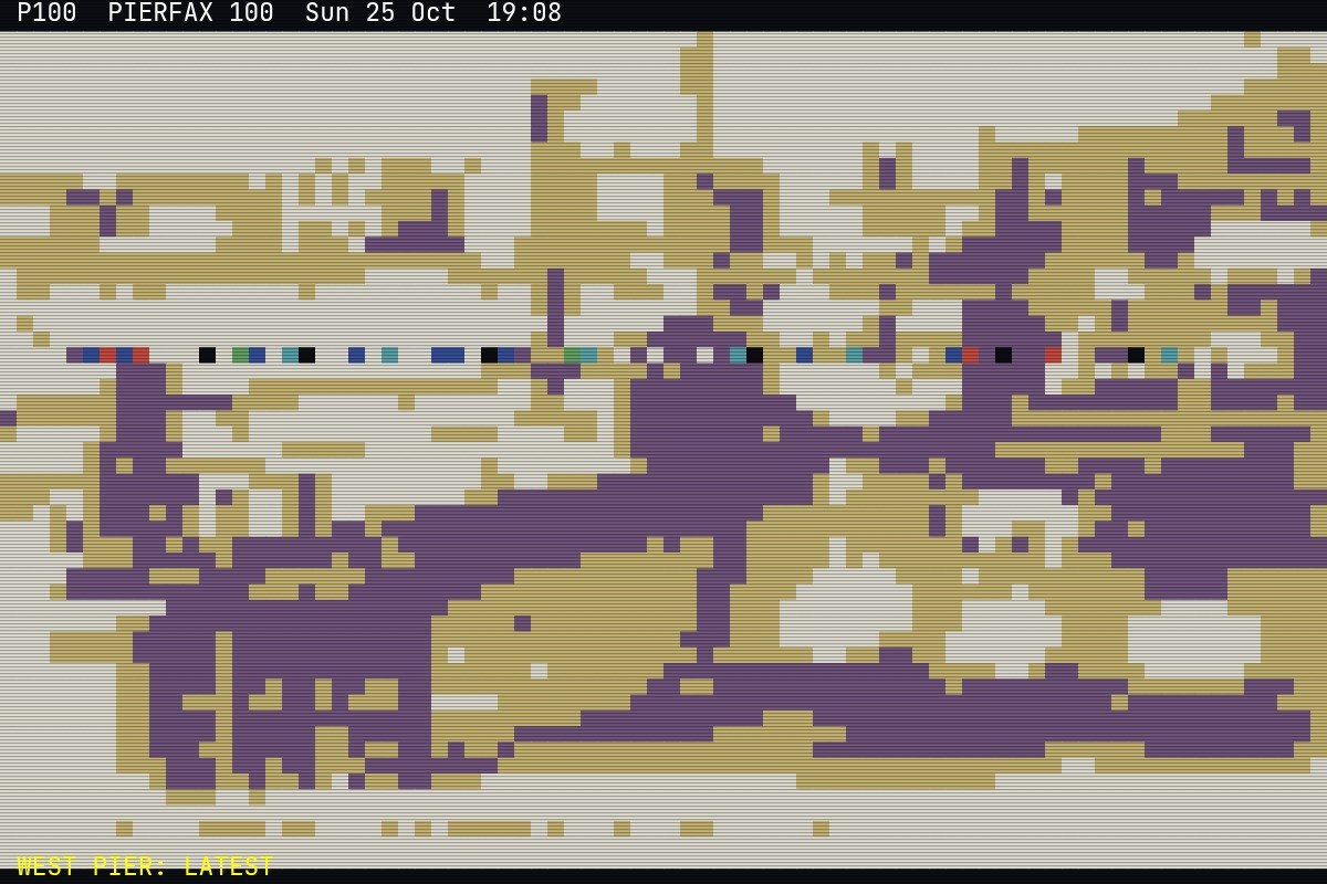 AI-made generative artwork: PIERFAX page 100. A stylised, animated image of Brighton West Pier, not a photograph.