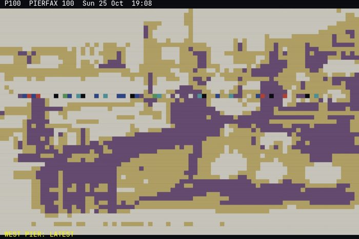AI-made generative artwork: PIERFAX page 100. A stylised, animated image of Brighton West Pier, not a photograph.