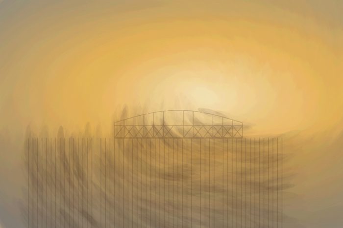 AI-made generative artwork: Rain, Steam and Rust (after Turner). A stylised, animated image of Brighton West Pier, not a photograph.
