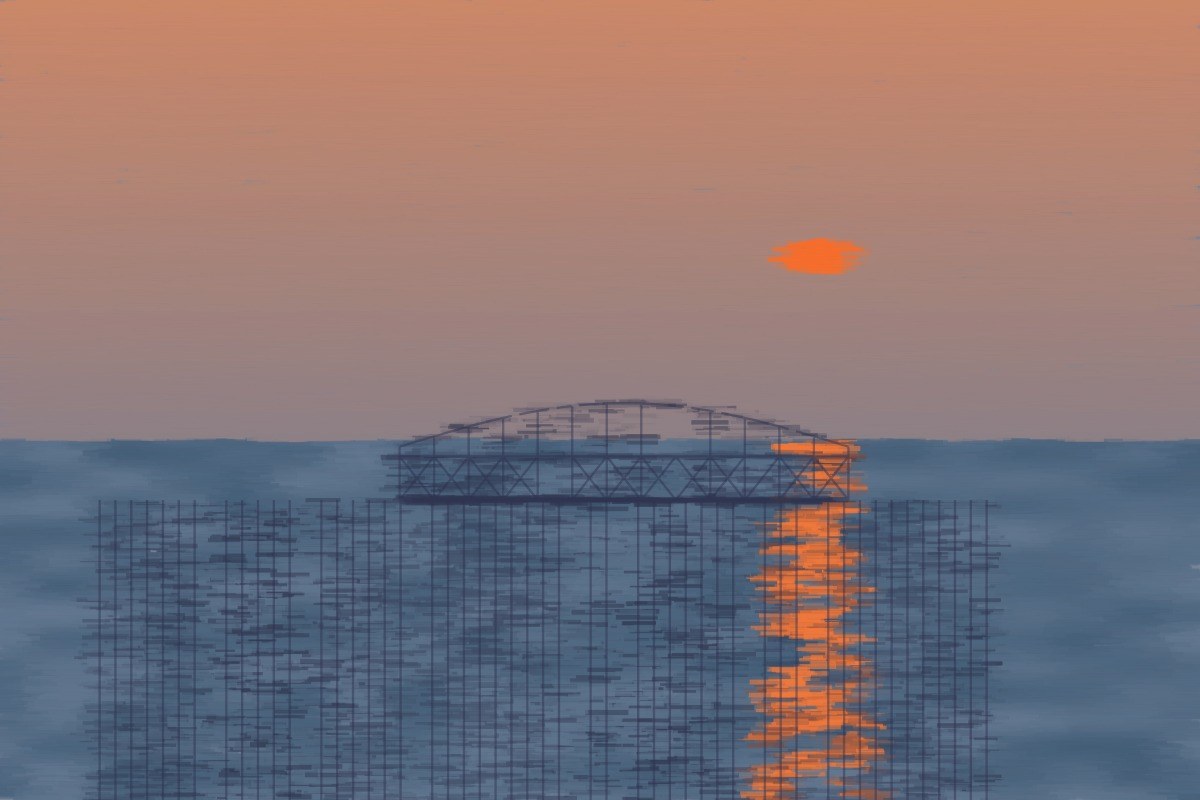 AI-made generative artwork: Impression, pier at sunset (after Monet). A stylised, animated image of Brighton West Pier, not a photograph.