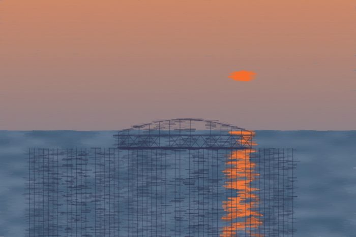 AI-made generative artwork: Impression, pier at sunset (after Monet). A stylised, animated image of Brighton West Pier, not a photograph.