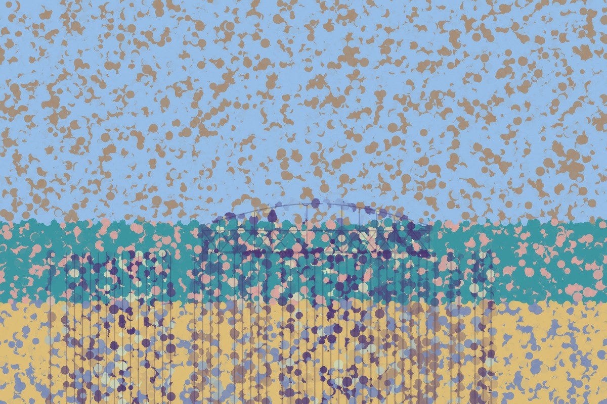 AI-made generative artwork: A Sunday on the West Pier (after Seurat). A stylised, animated image of Brighton West Pier, not a photograph.