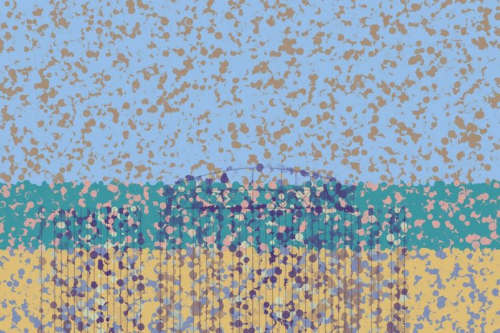 AI-made generative artwork: A Sunday on the West Pier (after Seurat). A stylised, animated image of Brighton West Pier, not a photograph.