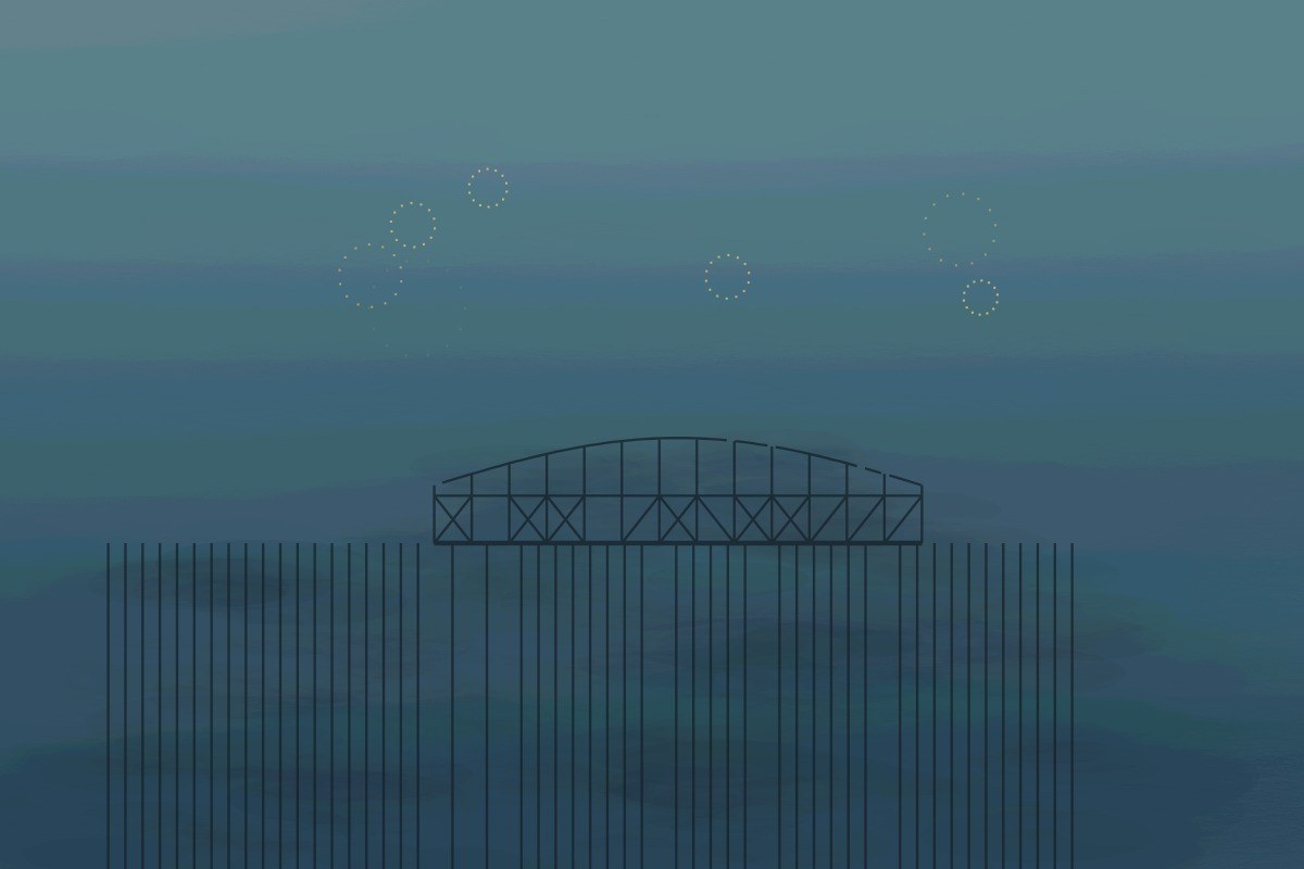 AI-made generative artwork: Nocturne in blue and rust (after Whistler). A stylised, animated image of Brighton West Pier, not a photograph.