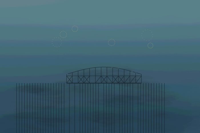 AI-made generative artwork: Nocturne in blue and rust (after Whistler). A stylised, animated image of Brighton West Pier, not a photograph.