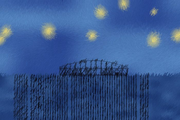 AI-made generative artwork: The starry pier (after Van Gogh). A stylised, animated image of Brighton West Pier, not a photograph.