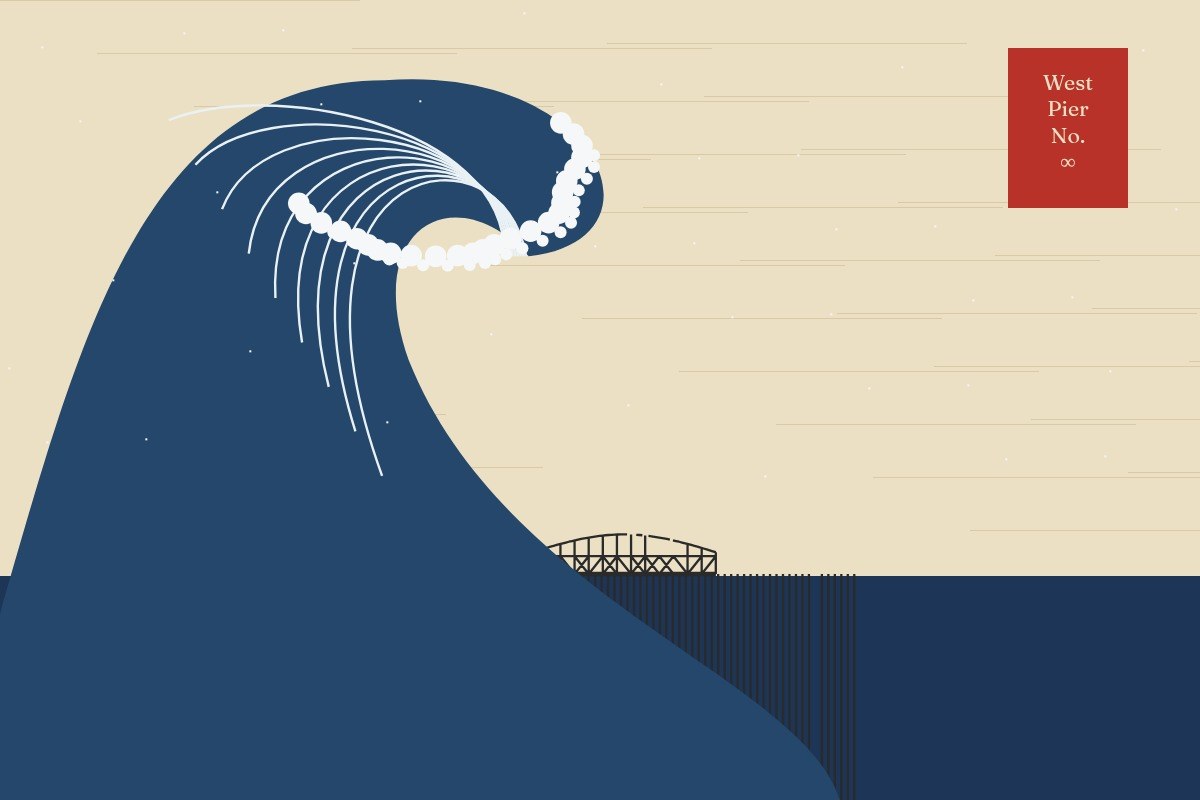 AI-made generative artwork: The great wave off Brighton (after Hokusai). A stylised, animated image of Brighton West Pier, not a photograph.